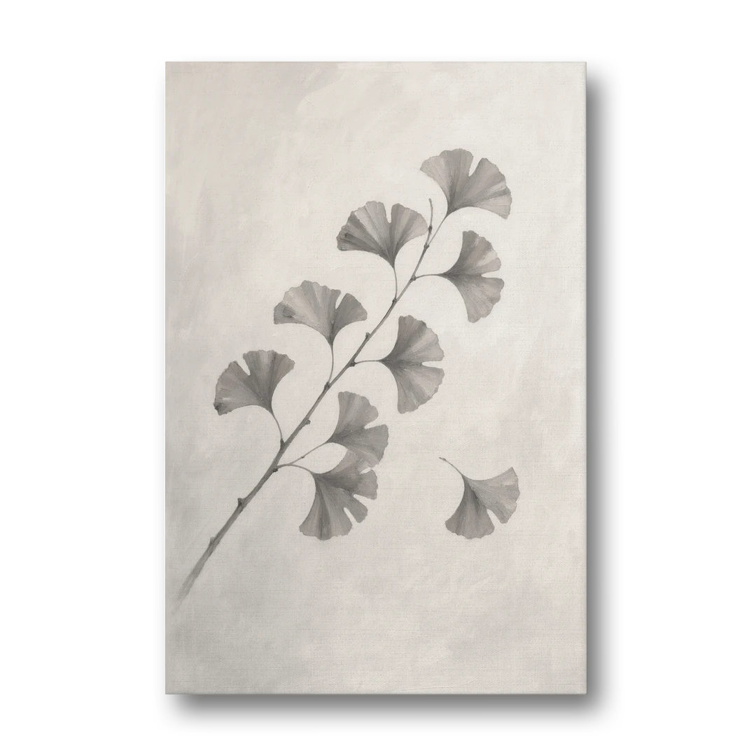 Black and White Bedroom Decor With a Ginkgo Sprig - Canvas Wall Art - Front