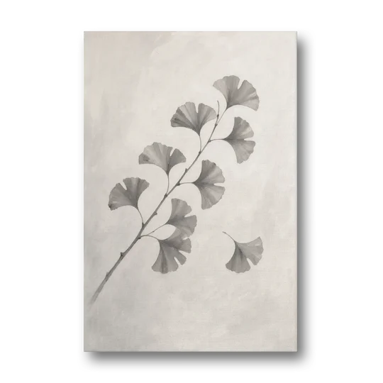 Black and White Bedroom Decor With a Ginkgo Sprig - Canvas Wall Art - Front