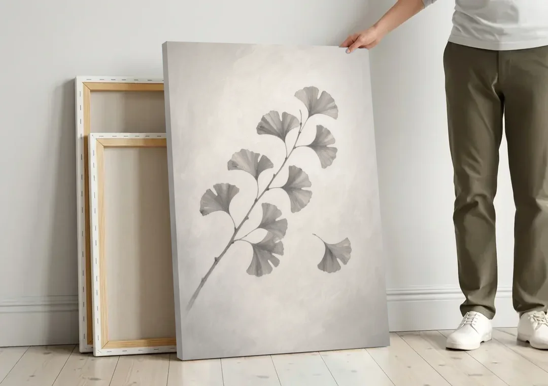 Black and White Bedroom Decor With a Ginkgo Sprig canvas wall art leaning against a wall next to blank canvases