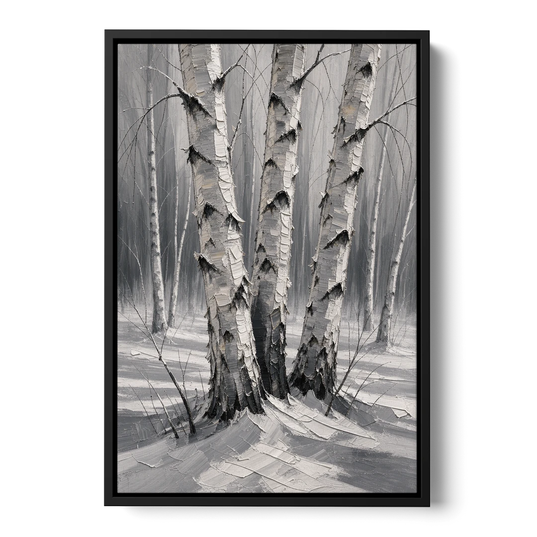 Winter Black and White Birch Trio in Deep Snow - Black Framed Canvas Wall Art - Front