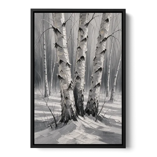 Winter Black and White Birch Trio in Deep Snow - Black Framed Canvas Wall Art - Front
