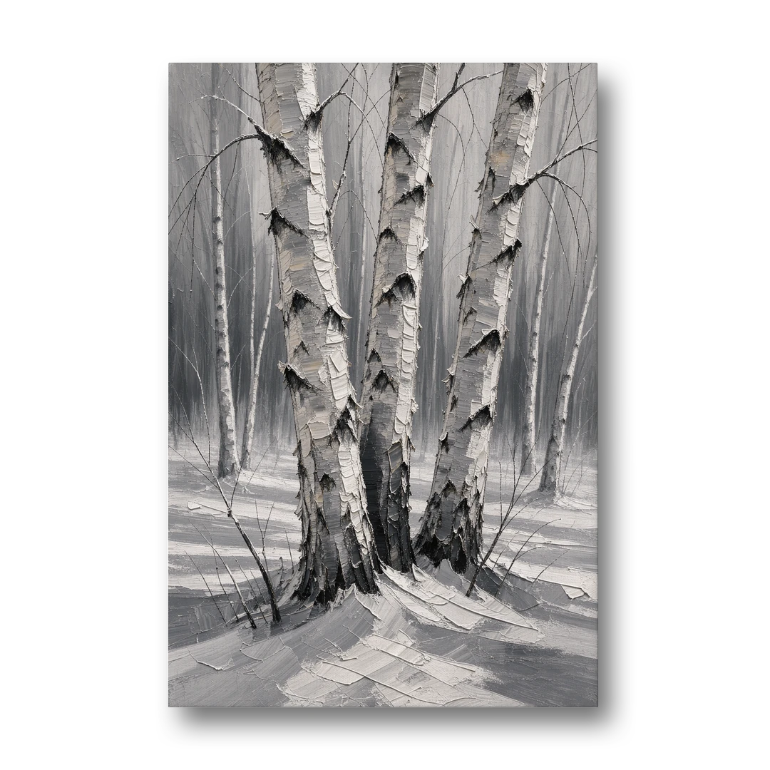 Winter Black and White Birch Trio in Deep Snow - Canvas Wall Art - Front