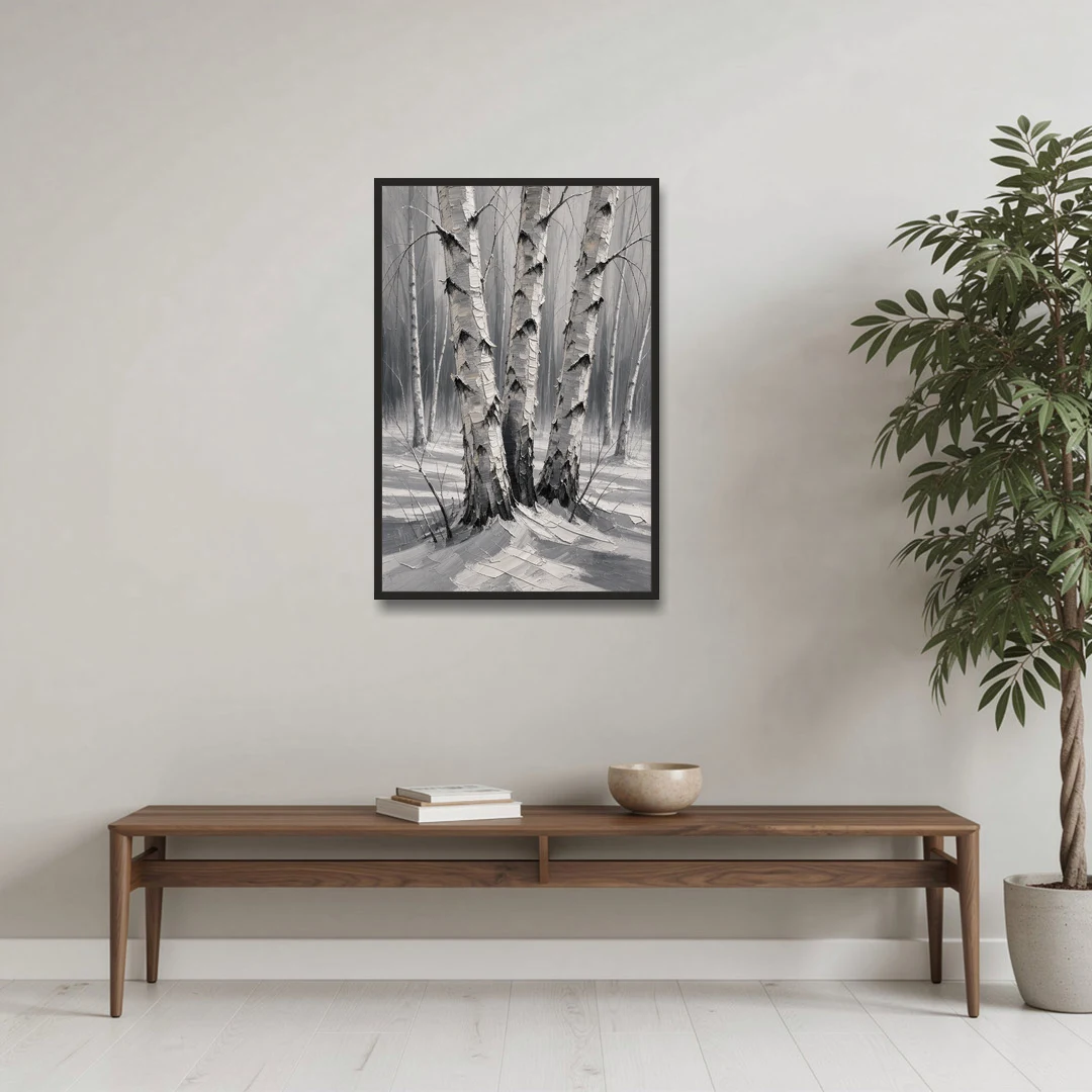 Winter Black and White Birch Trio in Deep Snow - Black Framed Canvas Wall Art - Coffee Table - 24x36