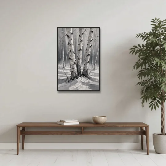 Winter Black and White Birch Trio in Deep Snow - Black Framed Canvas Wall Art - Coffee Table - 24x36