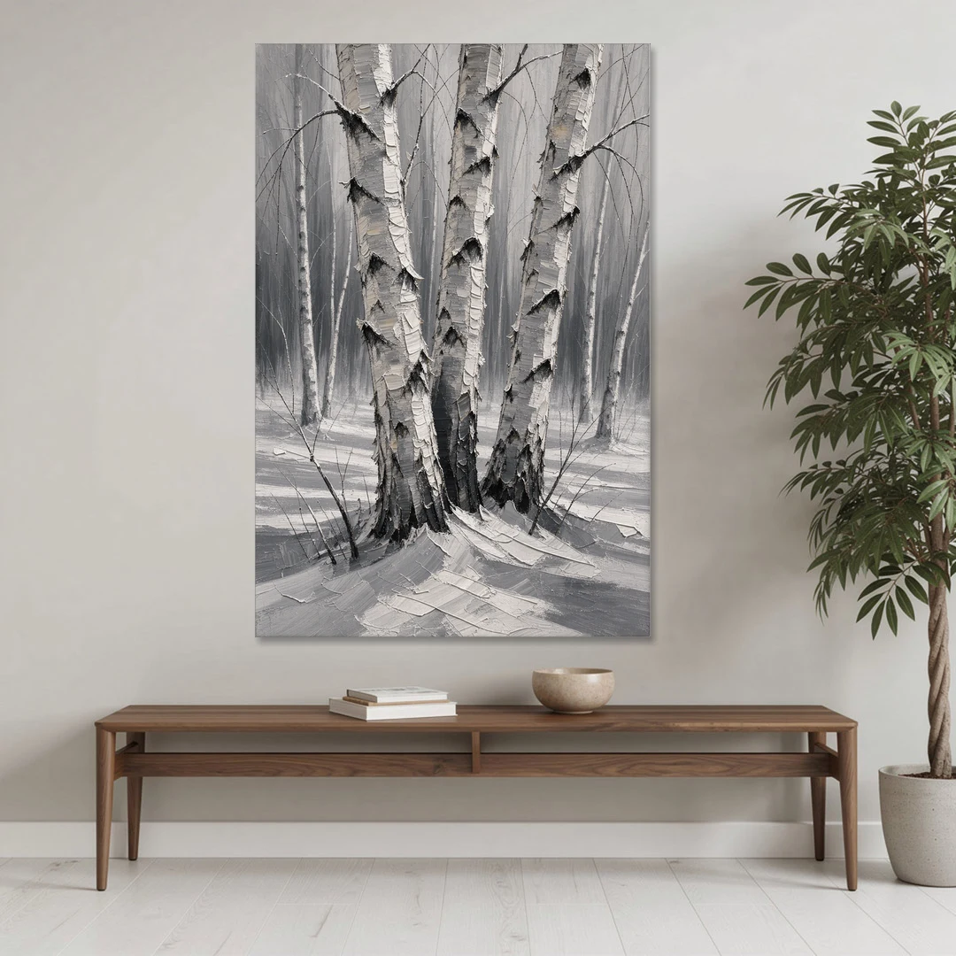 Winter Black and White Birch Trio in Deep Snow - Canvas Wall Art - Coffee Table - 40x60