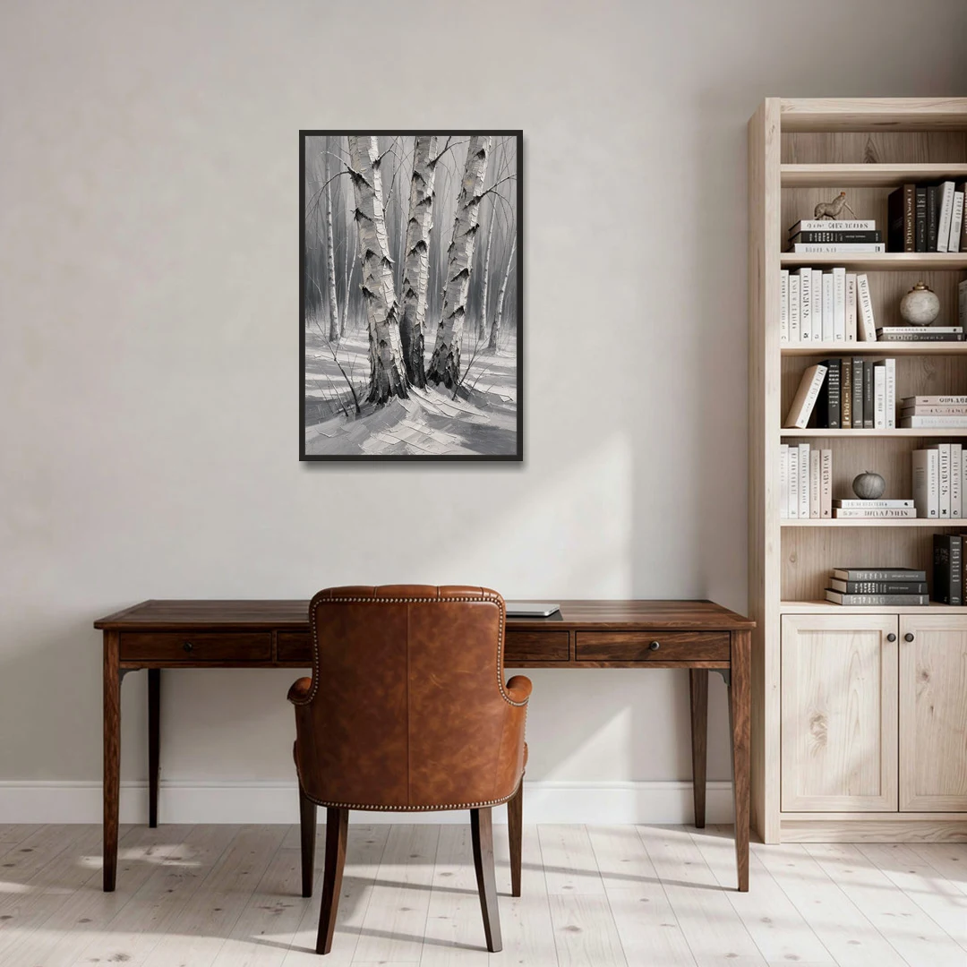 Winter Black and White Birch Trio in Deep Snow - Black Framed Canvas Wall Art - Office - 24x36