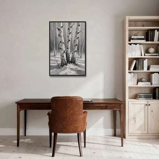 Winter Black and White Birch Trio in Deep Snow - Black Framed Canvas Wall Art - Office - 24x36