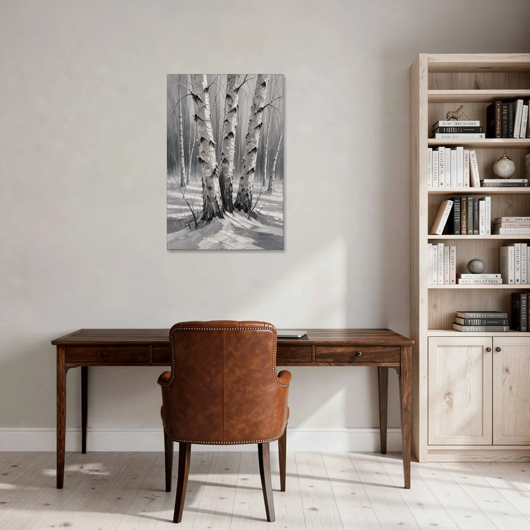 Winter Black and White Birch Trio in Deep Snow - Canvas Wall Art - Office - 24x36