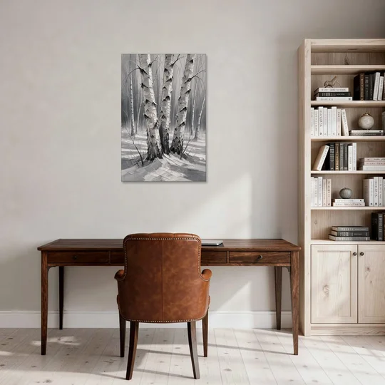 Winter Black and White Birch Trio in Deep Snow - Canvas Wall Art - Office - 24x36
