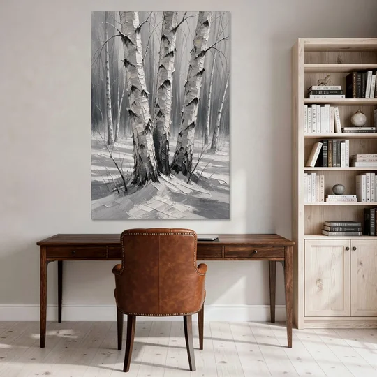 Winter Black and White Birch Trio in Deep Snow - Canvas Wall Art - Office - 40x60