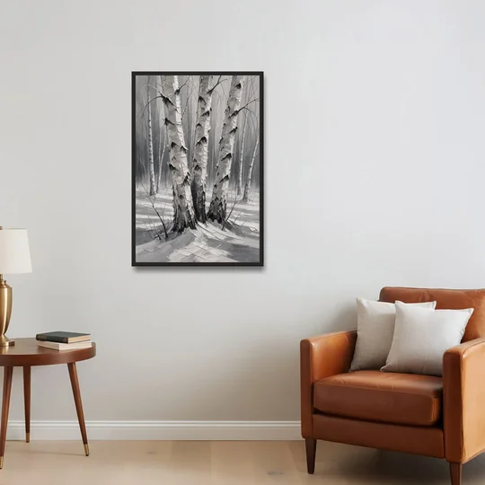 Winter Black and White Birch Trio in Deep Snow - Black Framed Canvas Wall Art - Sofa - 24x36