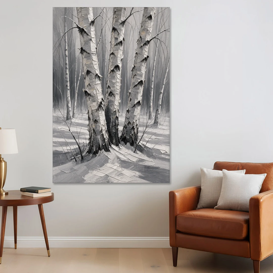 Winter Black and White Birch Trio in Deep Snow - Canvas Wall Art - Sofa - 40x60
