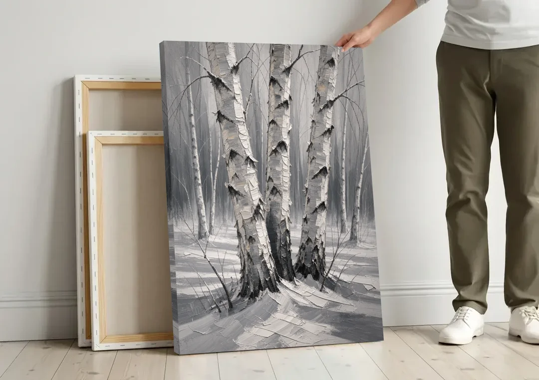 Winter Black and White Birch Trio in Deep Snow canvas wall art leaning against a wall next to blank canvases