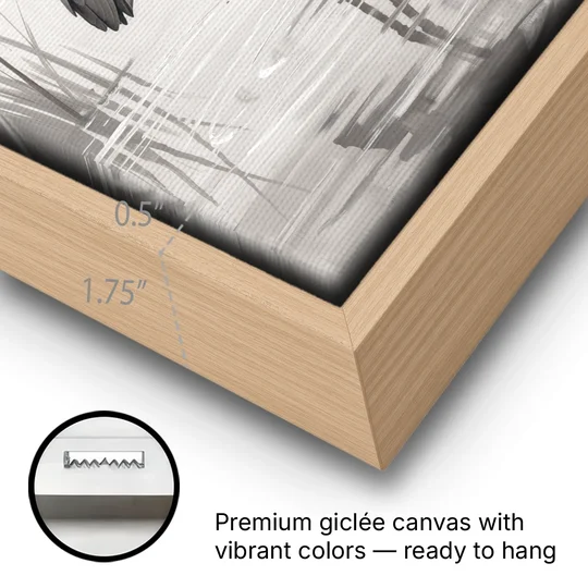 Black and White Bird Painting of a Marsh Heron - Oak Framed Canvas Wall Art - Gallery Wrap Corner