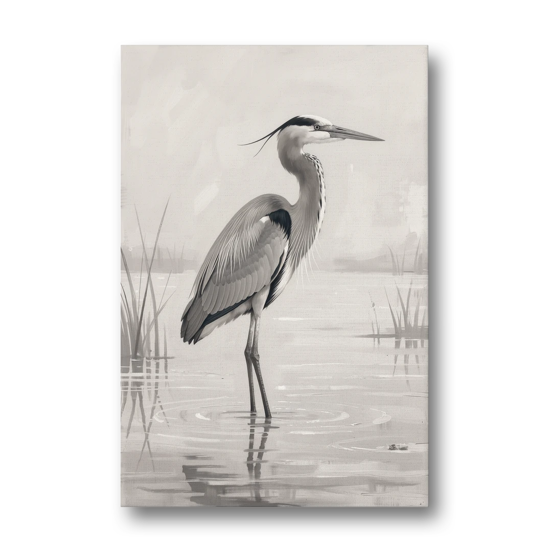 Black and White Bird Painting of a Marsh Heron - Canvas Wall Art - Front