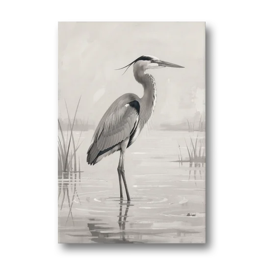 Black and White Bird Painting of a Marsh Heron - Canvas Wall Art - Front