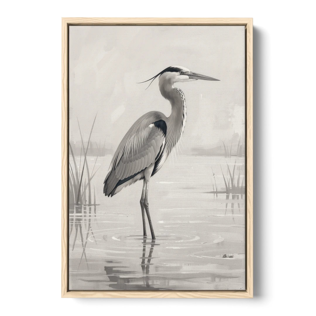 Black and White Bird Painting of a Marsh Heron - Oak Framed Canvas Wall Art - Front