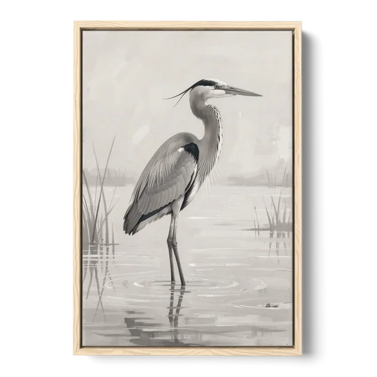 Black and White Bird Painting of a Marsh Heron - Oak Framed Canvas Wall Art - Front