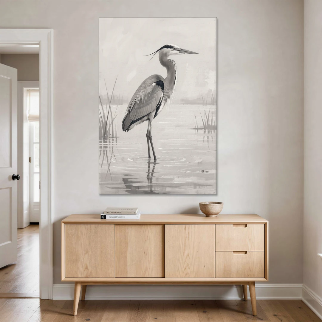 Black and White Bird Painting of a Marsh Heron - Canvas Wall Art - Coffee Table - 40x60