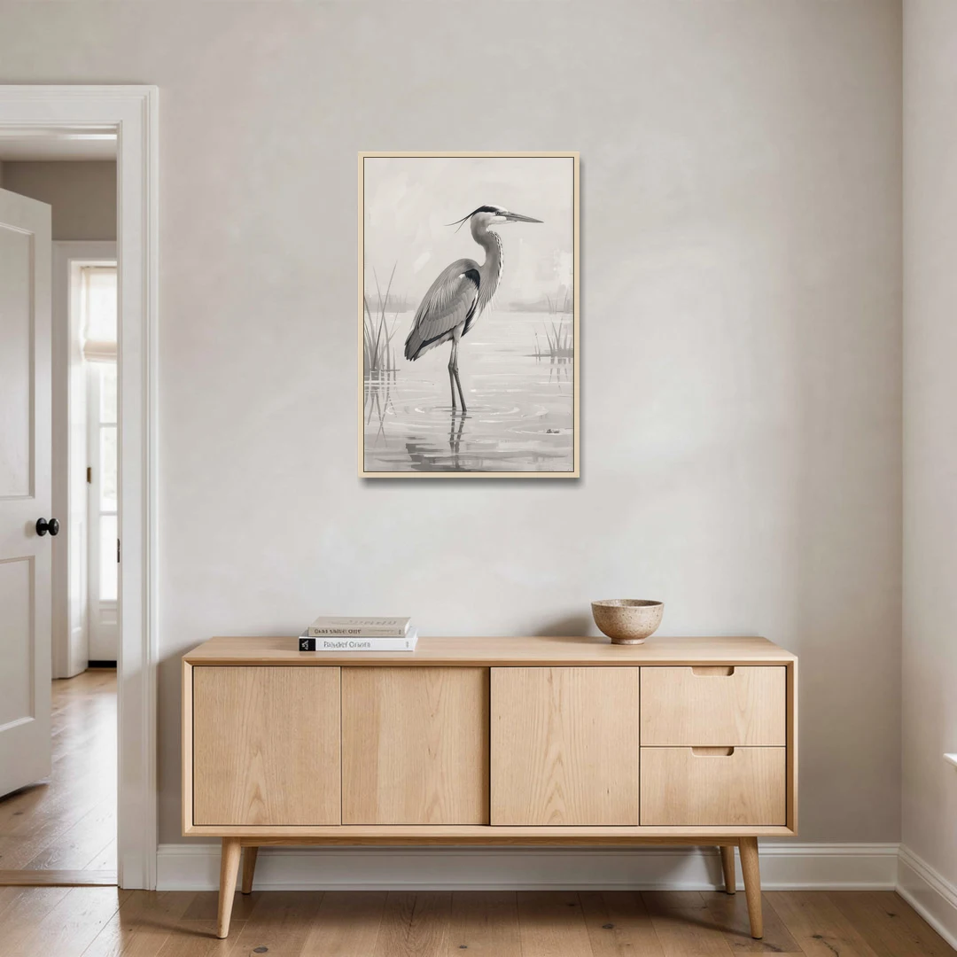 Black and White Bird Painting of a Marsh Heron - Oak Framed Canvas Wall Art - Coffee Table - 24x36
