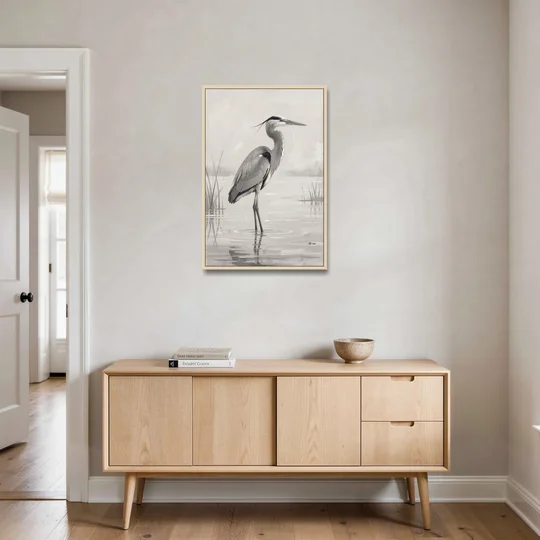 Black and White Bird Painting of a Marsh Heron - Oak Framed Canvas Wall Art - Coffee Table - 24x36