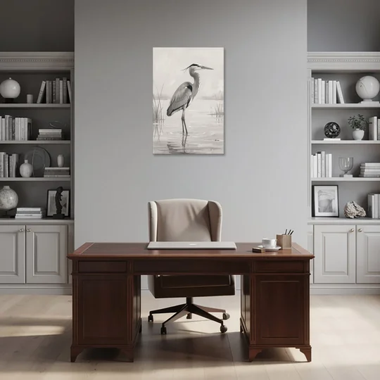 Black and White Bird Painting of a Marsh Heron - Canvas Wall Art - Office - 24x36