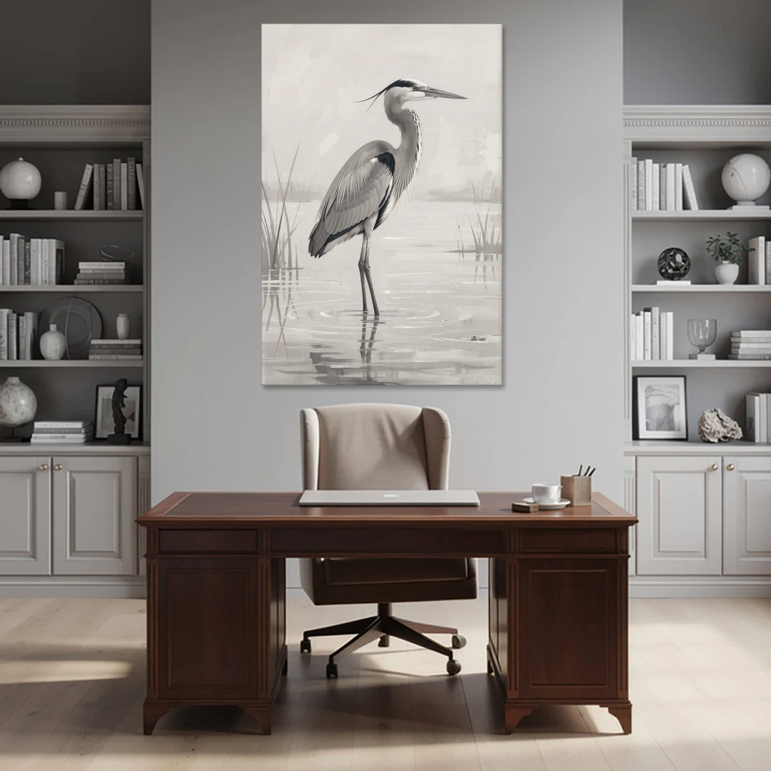 Black and White Bird Painting of a Marsh Heron - Canvas Wall Art - Office - 40x60