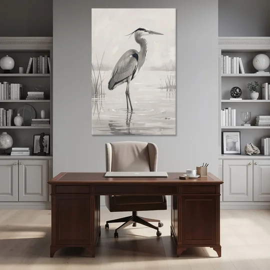 Black and White Bird Painting of a Marsh Heron - Canvas Wall Art - Office - 40x60