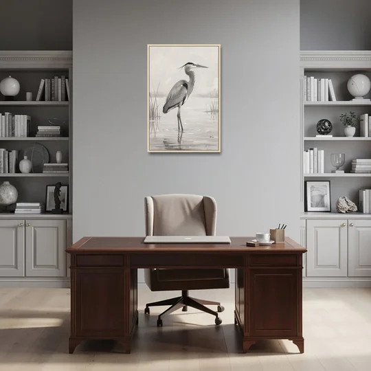 Black and White Bird Painting of a Marsh Heron - Oak Framed Canvas Wall Art - Office - 24x36
