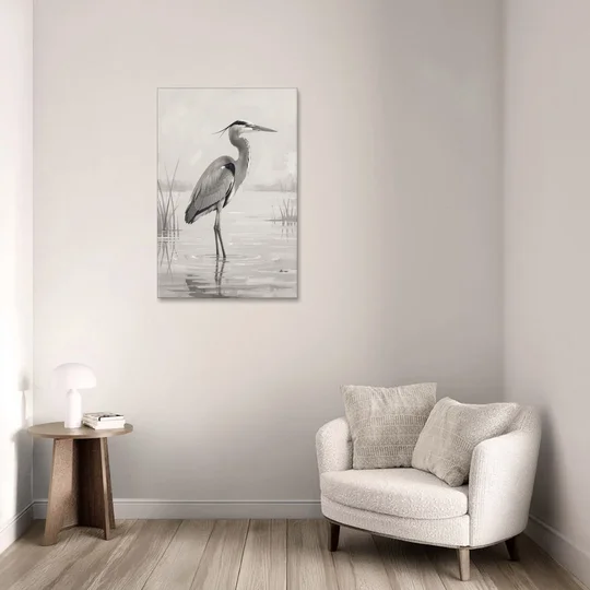 Black and White Bird Painting of a Marsh Heron - Canvas Wall Art - Sofa - 24x36