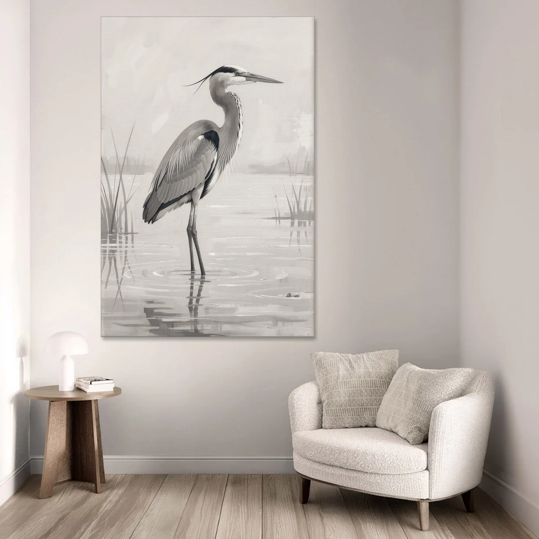 Black and White Bird Painting of a Marsh Heron - Canvas Wall Art - Sofa - 40x60