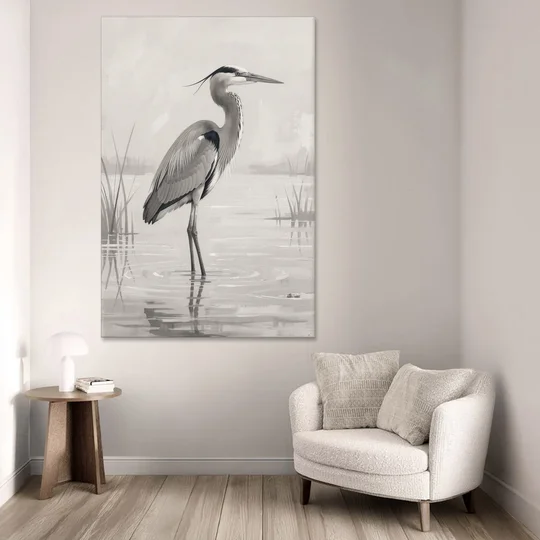 Black and White Bird Painting of a Marsh Heron - Canvas Wall Art - Sofa - 40x60