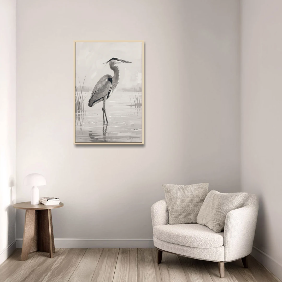 Black and White Bird Painting of a Marsh Heron - Oak Framed Canvas Wall Art - Sofa - 24x36