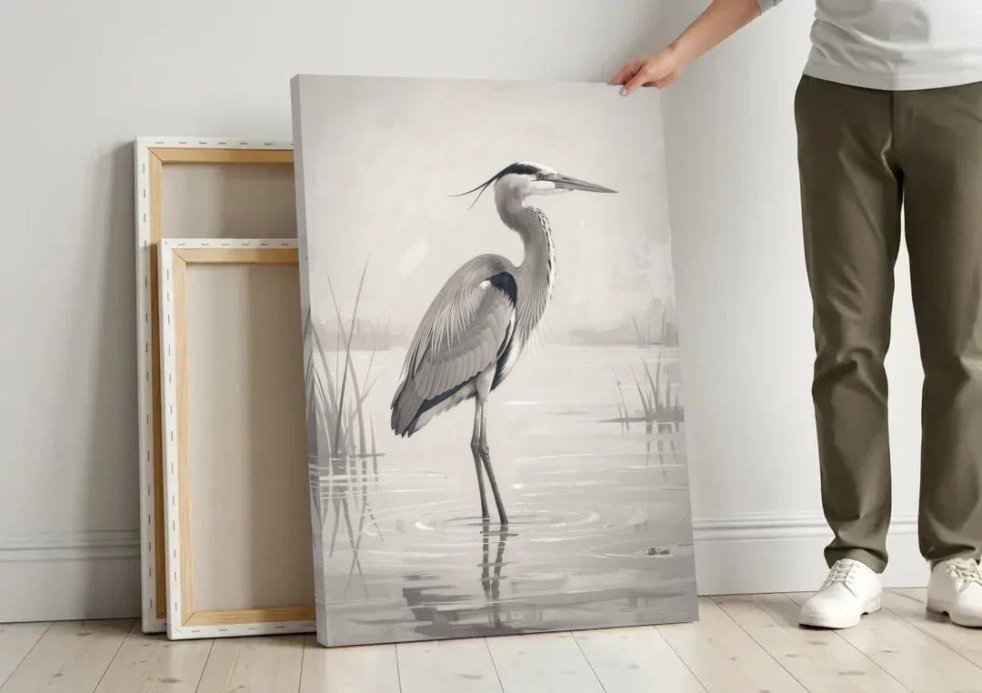 Black and White Bird Painting of a Marsh Heron canvas wall art leaning against a wall next to blank canvases