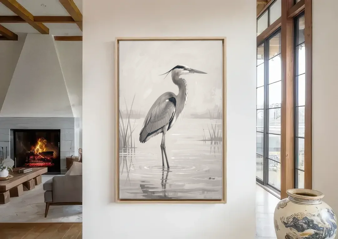 Black and White Bird Painting of a Marsh Heron canvas wall art in a living room with a fireplace