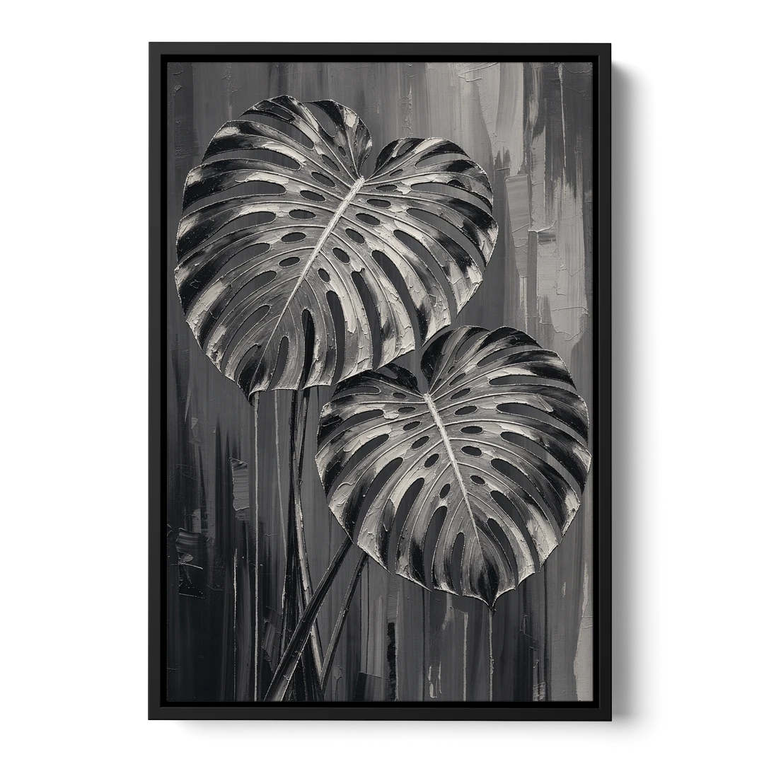 Black and White Botanical Prints Monstera Leaves - Black Framed Canvas Wall Art - Front