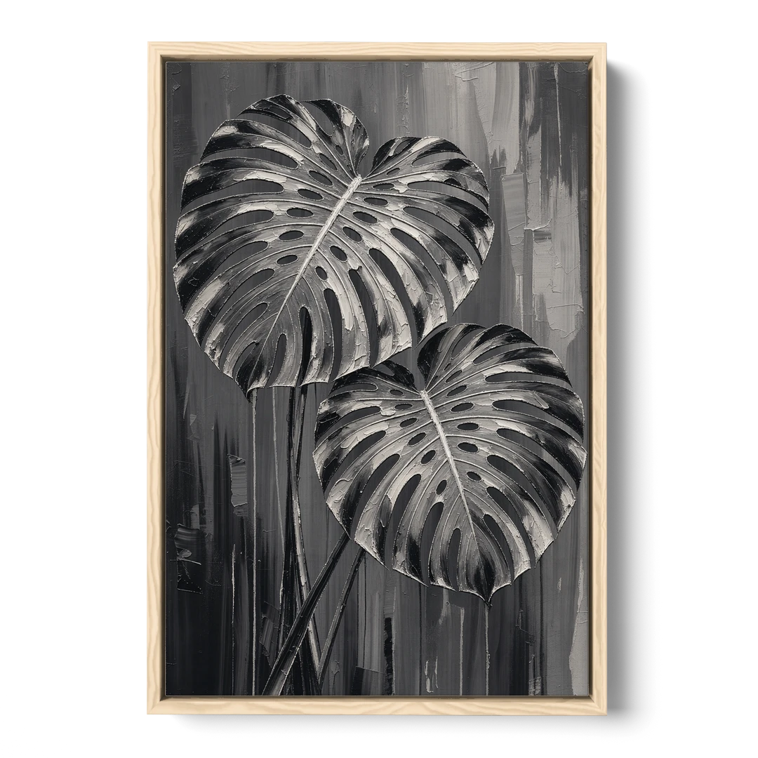 Black and White Botanical Prints Monstera Leaves - Oak Framed Canvas Wall Art - Front
