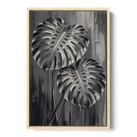 Black and White Botanical Prints Monstera Leaves - Oak Framed Canvas Wall Art - Front