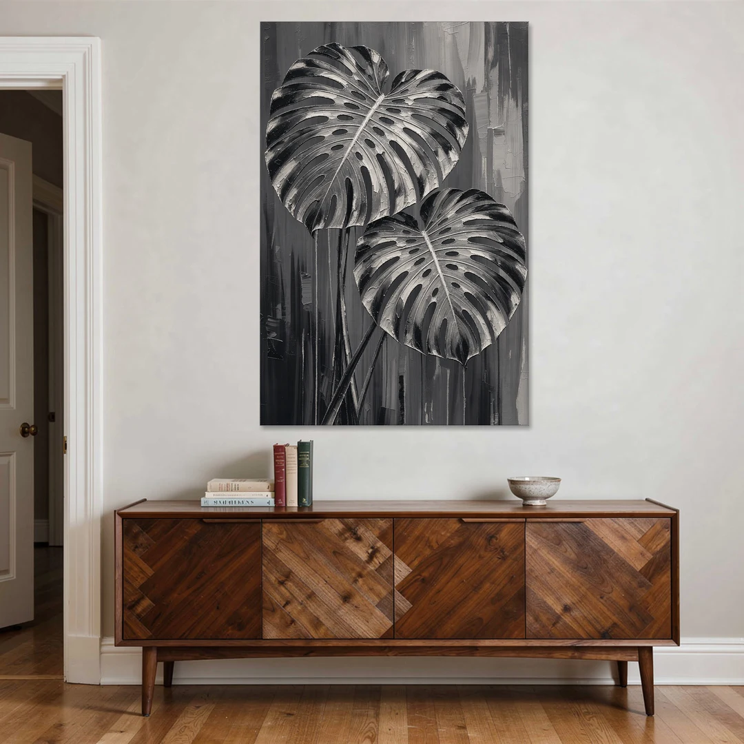 Black and White Botanical Prints Monstera Leaves - Canvas Wall Art - Coffee Table - 40x60