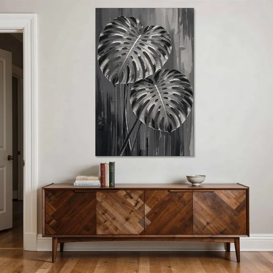 Black and White Botanical Prints Monstera Leaves - Canvas Wall Art - Coffee Table - 40x60