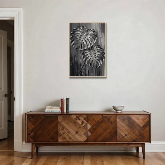 Black and White Botanical Prints Monstera Leaves - Oak Framed Canvas Wall Art - Coffee Table - 24x36