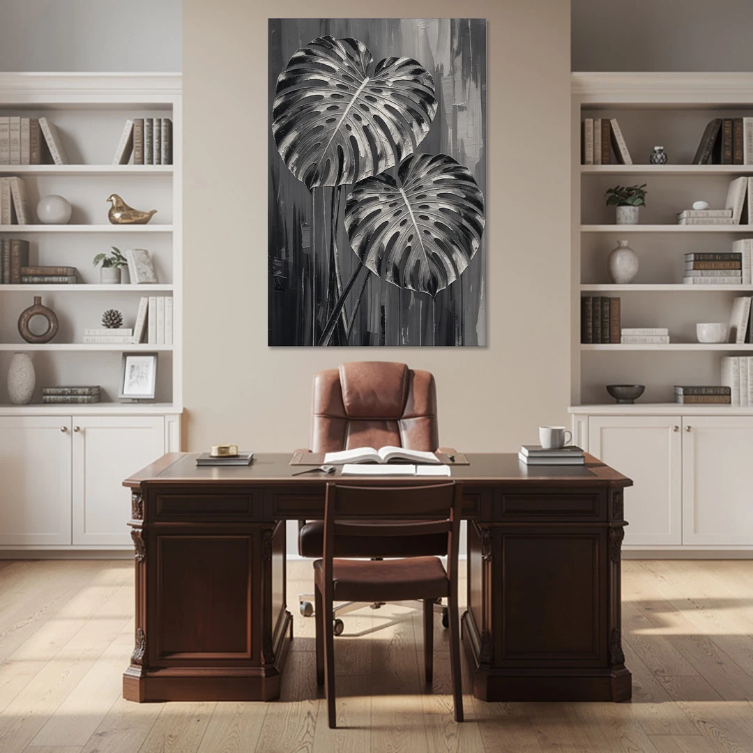 Black and White Botanical Prints Monstera Leaves - Canvas Wall Art - Office - 40x60