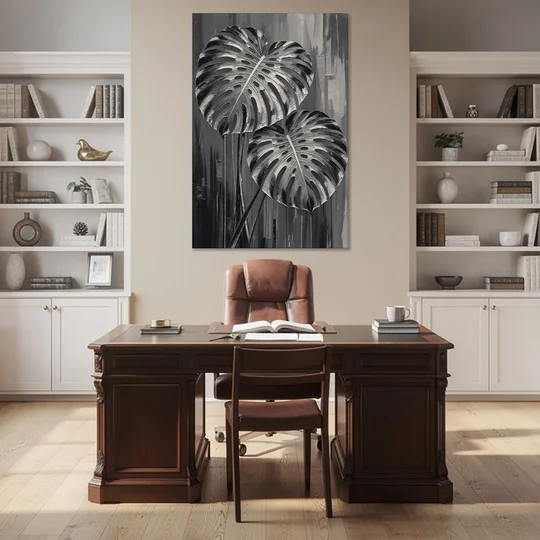 Black and White Botanical Prints Monstera Leaves - Canvas Wall Art - Office - 40x60
