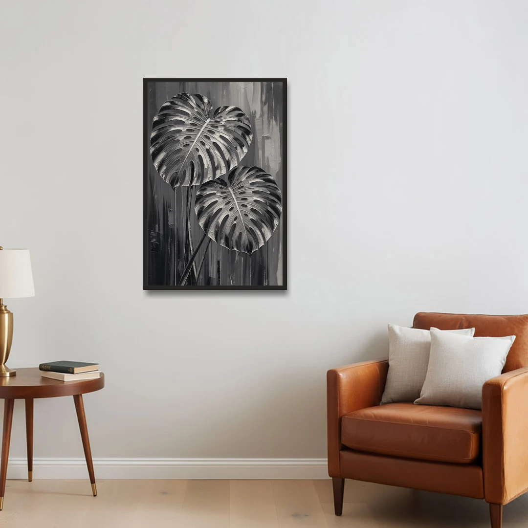 Black and White Botanical Prints Monstera Leaves - Black Framed Canvas Wall Art - Sofa - 24x36