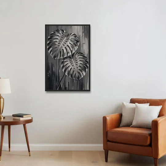Black and White Botanical Prints Monstera Leaves - Black Framed Canvas Wall Art - Sofa - 24x36