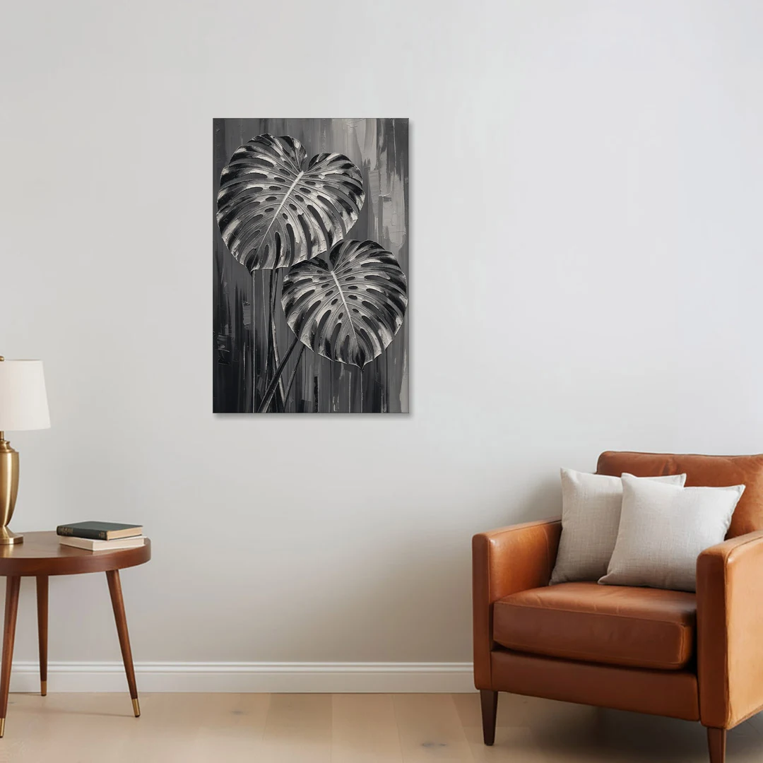 Black and White Botanical Prints Monstera Leaves - Canvas Wall Art - Sofa - 24x36