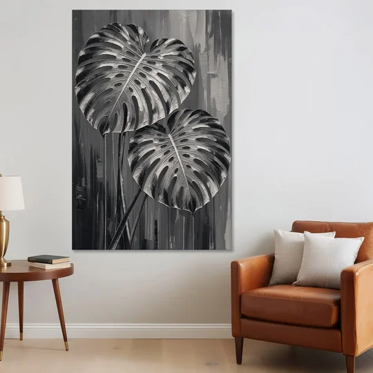 Black and White Botanical Prints Monstera Leaves - Canvas Wall Art - Sofa - 40x60