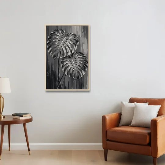 Black and White Botanical Prints Monstera Leaves - Oak Framed Canvas Wall Art - Sofa - 24x36