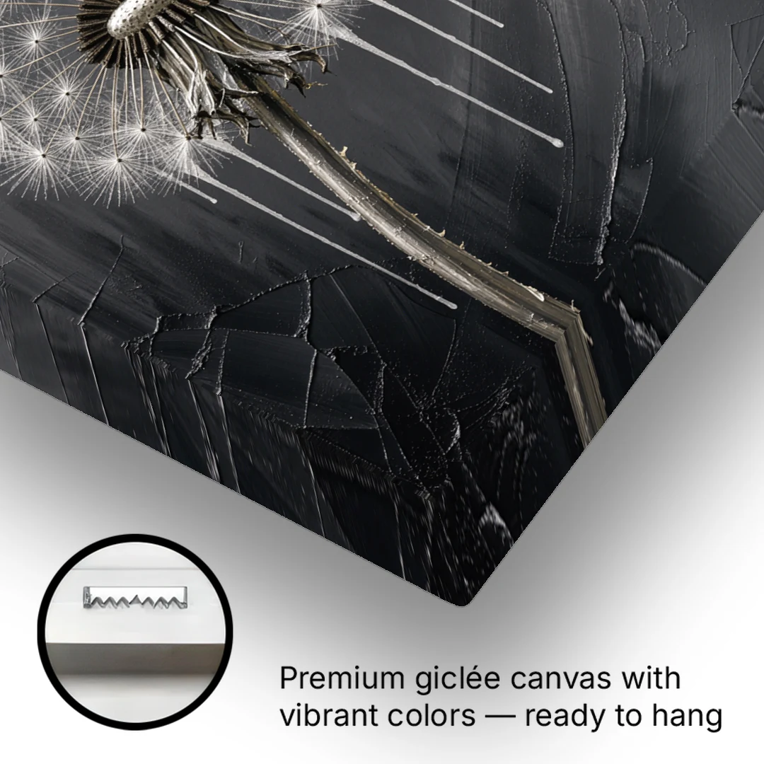 Black and White Canvas Prints with Drifting Dandelion - Canvas Wall Art - Gallery Wrap Corner