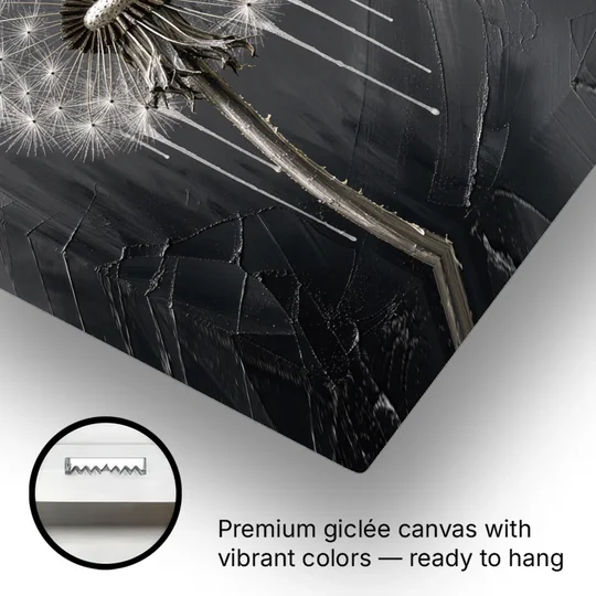 Black and White Canvas Prints with Drifting Dandelion - Canvas Wall Art - Gallery Wrap Corner